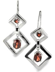 CleverEve Luxury Series Duo Diagonal Square Leverback Dangling Sterling Silver Earrings w/ Oval & Round Cut Genuine Garnet Center Stones