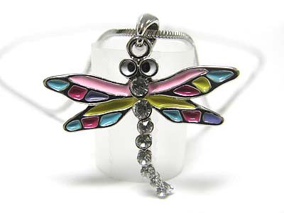 White Gold Plated Crystal and Multicolored Dragonfly Pendant Necklace