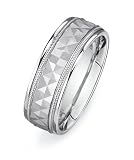 14k White Gold Custom Made 75 Mm Comfort Fit Flat Wedding Band W Milgrain Edge Design Pyramid like Faceted Center Size R