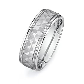 14ct White Gold Custom Made 7.5 mm Comfort Fit Flat Wedding Band, w/ Milgrain Edge Design & Pyramid-like Faceted Center, size R