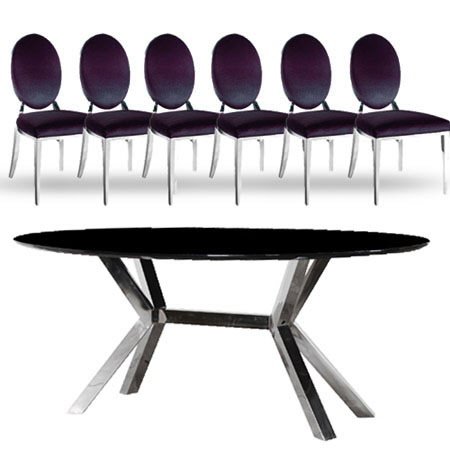 French Style Black & Chrome Dining Table Set (1 Table 6 Chairs)....Black Velvet chairs
