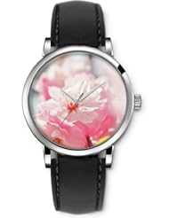 SPRAWL Aanalog Fashion Series Silver Ladies Watches of Genuine Black Leather Strap,Unique Wrist Watch for Women Girls Designed with roses flowers