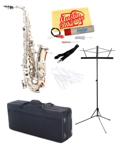 Barcelona CS-1000 Concert Series Alto Saxophone with Music Stand, Care Kit, Polishing Cloth, Hard Shell Case, White Gloves, and Neck Strap - Nickel