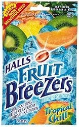 Halls Fruit Breezer Pectin Throat Drops Tropical Chill Bag - 25 Drops/ Bag, 12 Bags