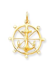 10K Yellow Gold Anchor in Ship Wheel Charm Jewelry