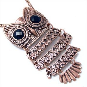 Lovely Bronze Textured Owl Pendant Long Necklace