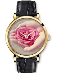 SPRAWL Aanalog Fashion Series Gold Ladies Watches of Genuine Black Leather Strap,Unique Wrist Watch for Women Girls Designed with Rose in hands