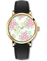 SPRAWL Aanalog Fashion Series Gold Ladies Watches of Genuine Black Leather Strap,Unique Wrist Watch for Women Girls Designed with roses flowers