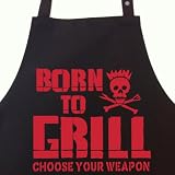 BORN TO GRILL - Choose Your Weapon - Grillschürze, Latzschürze mit verstellbarem Nackenband und Seitentasche