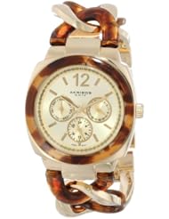 Akribos XXIV Womens AK641YG Ultimate Multi-Function Gold-Tone and Tortoise Pillow-Cut Twist Chain Bracelet Watch