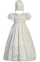 White Silk Christening Baptism Gown with Laced Bodice and Matching Hat