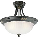 IMAGE OF Progress Lighting P3409-77 3-Light Semi-Flush Fixture Suspended From Ceiling with Etched Patterned Glass, Forged Bronze