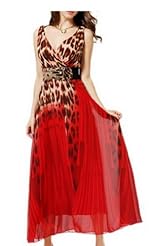 Sexy V-neck Leopard Print Wrap Sleeveless Chiffon Maxi Dress 
