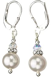 Swarovski Elements Crystal and 8mm Simulated Pearl Sterling Silver Leverback Earrings