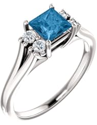 18K White Gold 5.00x5.00mm Princess Cut Swiss Blue Topaz and Diamond Ring -- LIFETIME WARRANTY