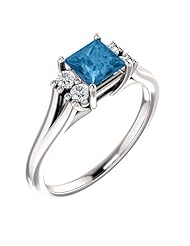 Platinum 5.00x5.00mm Princess Cut Swiss Blue Topaz and Diamond Ring -- LIFETIME WARRANTY