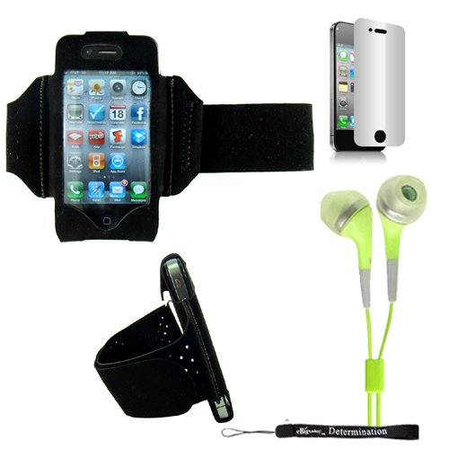 Extreme Sports Exercise Stretchy Black Armband with 8 Secure Adjustable Sizes from 11 inches up to 19 for Apple iPhone 4 , 4th Generation, 4th Gen compatible with 16GB / 32GB - HD Print + Includes a eBigValue (TM) Determination Hand Strap+ Includes a Privacy Mirror Screen protector for your iPhone 4 + Includes a Crystal Clear High Quality HD Noise Filter Earbuds Earphones Headphones 3.5mm Jack