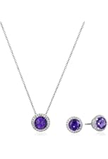 Sterling Silver Gemstone and Created White Sapphire Halo Earrings and Pendant Necklace Set, 18"
