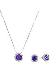 Sterling Silver Gemstone and Created White Sapphire Halo Earrings and Pendant Necklace Set, 18"
