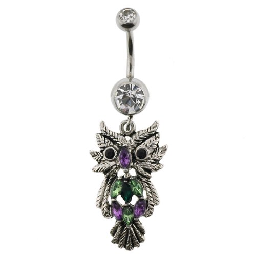 Stainless Steel Belly Ring Silver Dangling Owl with Multicolored CZ