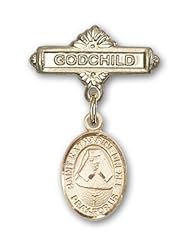 14K Gold Baby Badge with St. Katherine Drexel Charm and Godchild Badge Pin