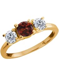 1.14 Ct Round Red Garnet G/H Diamond 18K Yellow Gold Ring