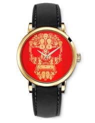 SPRAWL Aanalog Fashion Series Gold Ladies Watches of Genuine Black Leather Strap,Unique Wrist Watch for Women Girls Designed with Skull on red background
