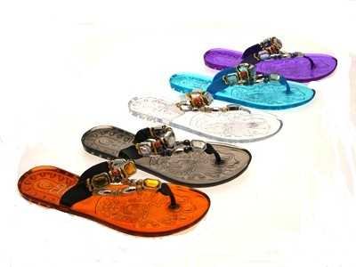WOMENS JELLY FLIP FLOPS JEWEL STRAPPED SANDALS LADIES SHOES BLACK BLUE BRONZE CLEAR PURPLE SIZE 3-8