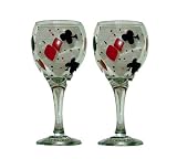 ArtisanStreet's Set of 2. Playing Cards Design Wine Glasses. Hand Painted, Signed.