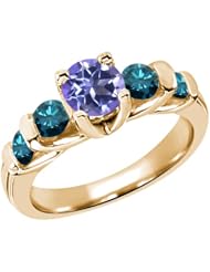 1.88 Ct Round Tanzanite Blue Mystic Topaz Blue Diamond 14K Yellow Gold Ring