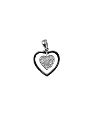 14k White Gold, Double Open Heart Pendant Charm with Lab Created Gems 12mm Wide