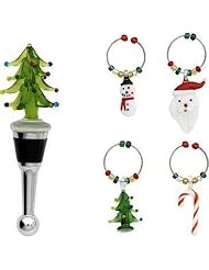 Christmas Tree Bottle Stopper w/ Holiday Wine Glass Charms by 