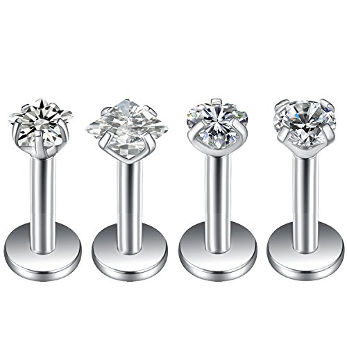 Areke Women's Stainless Steel Cubic Zirconia Piercing Unisex Labret Small Lip Ring/ Tragus/ Helix Earrings Color White