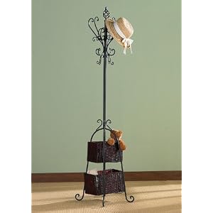 Hall Tree With Rattan Storage Baskets - Black