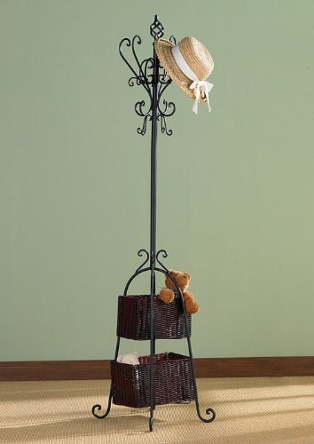 Hall Tree With Rattan Storage Baskets - Black