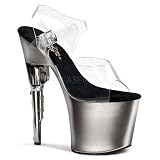 7 1/2 inch Gun Heel Ankle Strap Platform Sandal Clear/Pewter