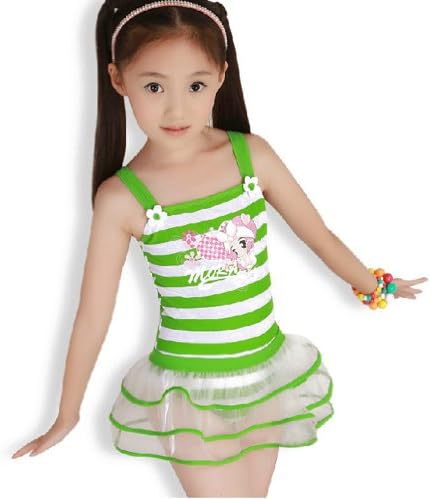 Deer Mum Kid Girl Colorful Stripe Print with Transparent Bubble Skirt Shape 2 Pcs/swimsuits Two-pieces Swimwear (12, Green)