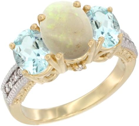 World Jewels 14K Yellow Gold Ladies Oval Natural Opal and Aquamarine Sides Ring, Size 9.5