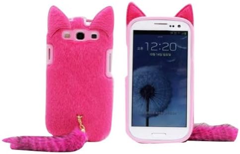 DE New Fashion Cartoon Animal Series Hot Pink With Fluffy Plush Tail Fur Ear Cat Style Plush + TPU Soft Case Cover Shell Compatible for Samsung Galaxy S3 III i9300