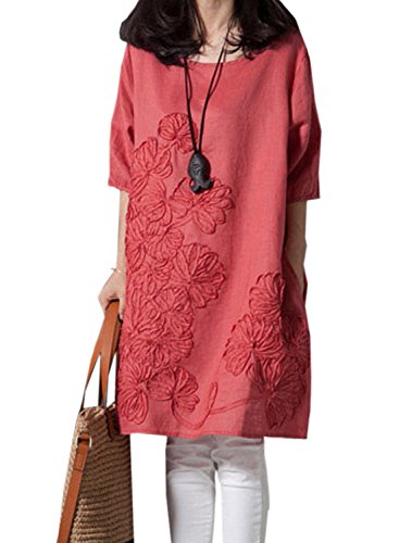 Azbro Women's Casual Demure Loose Solid Linen Dress