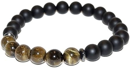 Natural Semi-Precious Tiger Eye Crystal and Black Onyx Balancing Beaded Bracelet 8mm