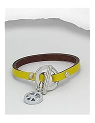 Yellow Peace Symbol Leather Bracelet In White Base
