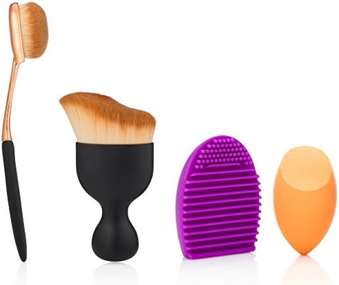 Rose Gold Oval Brush MakeUp Contouring Kit. 1 Curved Brush, 1 Rose Gold Oval Brush, 1 Latex-Free Use Wet or Dry Makeup Sponge, 1 MakeUp Washing Cleaning Scrubber Board