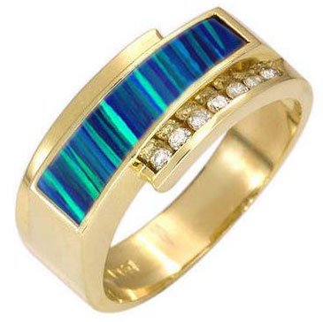 14K Gold 0.10ct tw 7 Diamond Blue Green Opal Ring