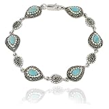 Sterling Silver Marcasite and Lab Created Turquoise Pear Link Bracelet