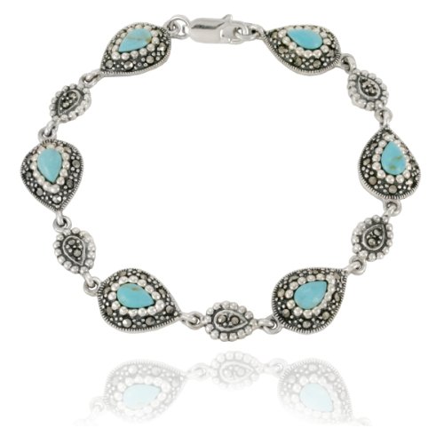 Sterling Silver Marcasite and Lab Created Turquoise Pear Link Bracelet