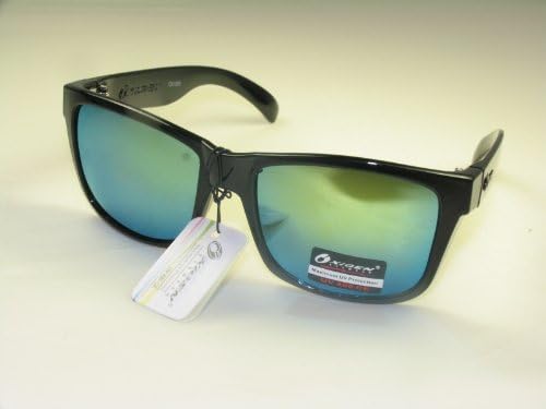 Oxigen Plastic Sunglasses - Comes with a Free Case (Shiny Black Frame Blue/Green/Yellow Lens)