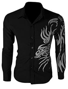 Men Long Sleeve Single Breasted Dragon Prints Shirt Black M Men Long Sleeve Single Breasted Dragon Prints Shirt Black M