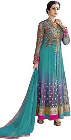 Infigo Fashion Women Turquoise Net Embroidered Suit