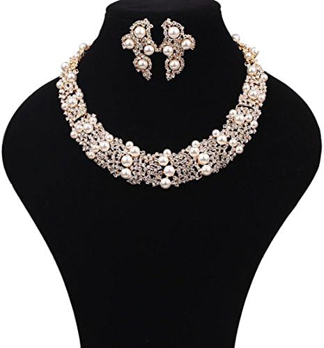 Baby's Breath Cream Pearl Rhinestone Necklace and Earrings Jewelry Set in Gold-Tone